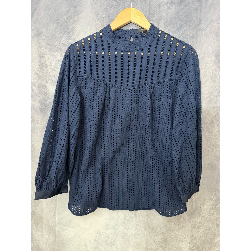 Banana Republic Navy Blue Eyelet Embroidered Mock Neck Blouse Womens Med Cottage